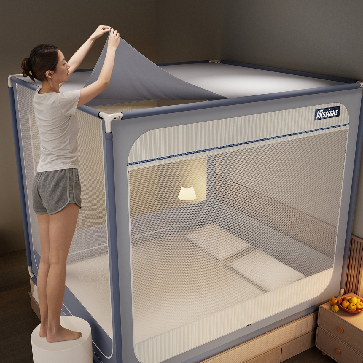 91家纺网 家纺一手货源 找家纺 （总）星际优品 2026新款坐床蚊帐可拆卸全棉底加厚双股双丝防猫抓帐纱-格调款