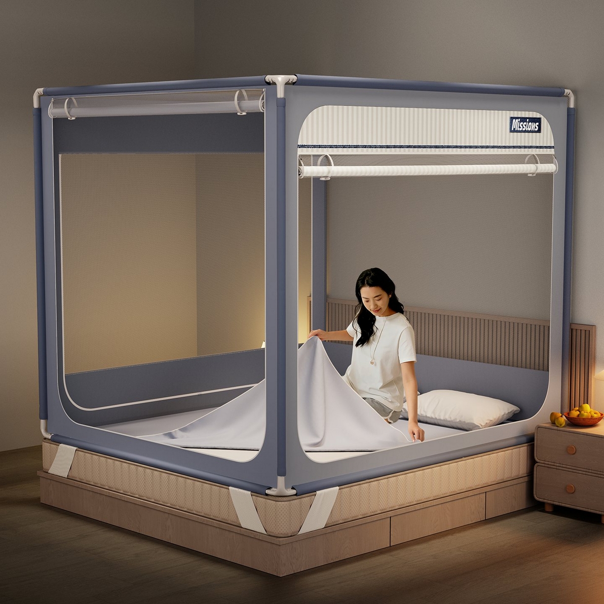 91家纺网 家纺一手货源 找家纺 （总）星际优品 2026新款坐床蚊帐可拆卸全棉底加厚双股双丝防猫抓帐纱-格调款