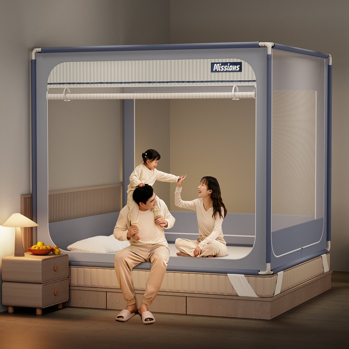 91家纺网 家纺一手货源 找家纺 星际优品 2026新款坐床蚊帐可拆卸全棉底加厚双股双丝防猫抓帐纱-格调款 格调-灰蓝