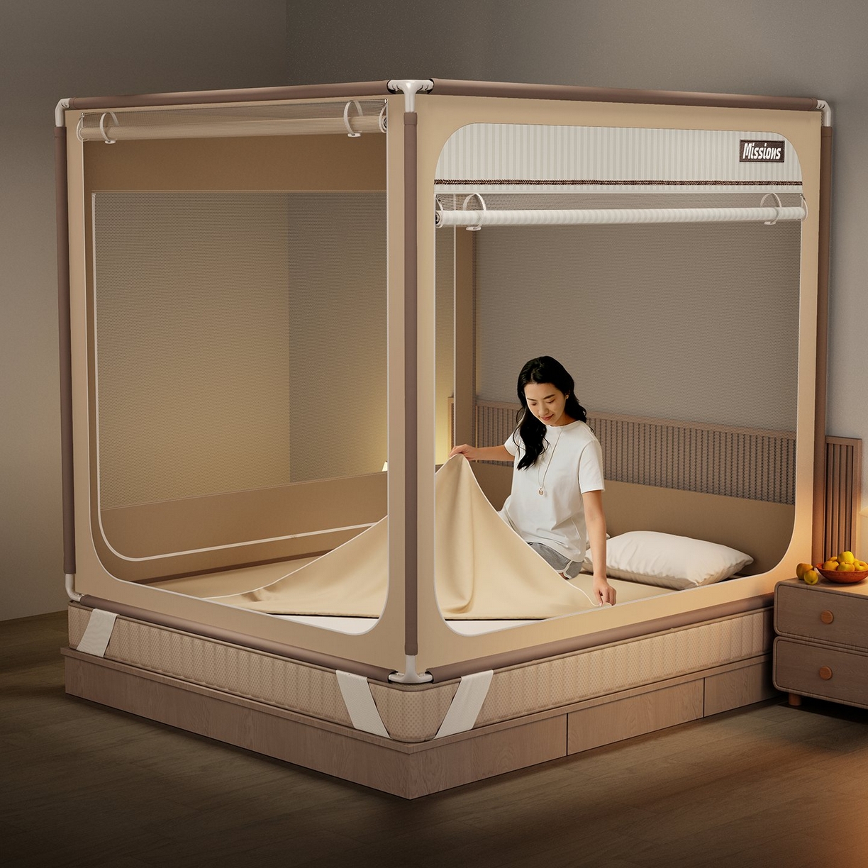 91家纺网 家纺一手货源 找家纺 星际优品 2026新款坐床蚊帐可拆卸全棉底加厚双股双丝防猫抓帐纱-格调款 格调-暖黄