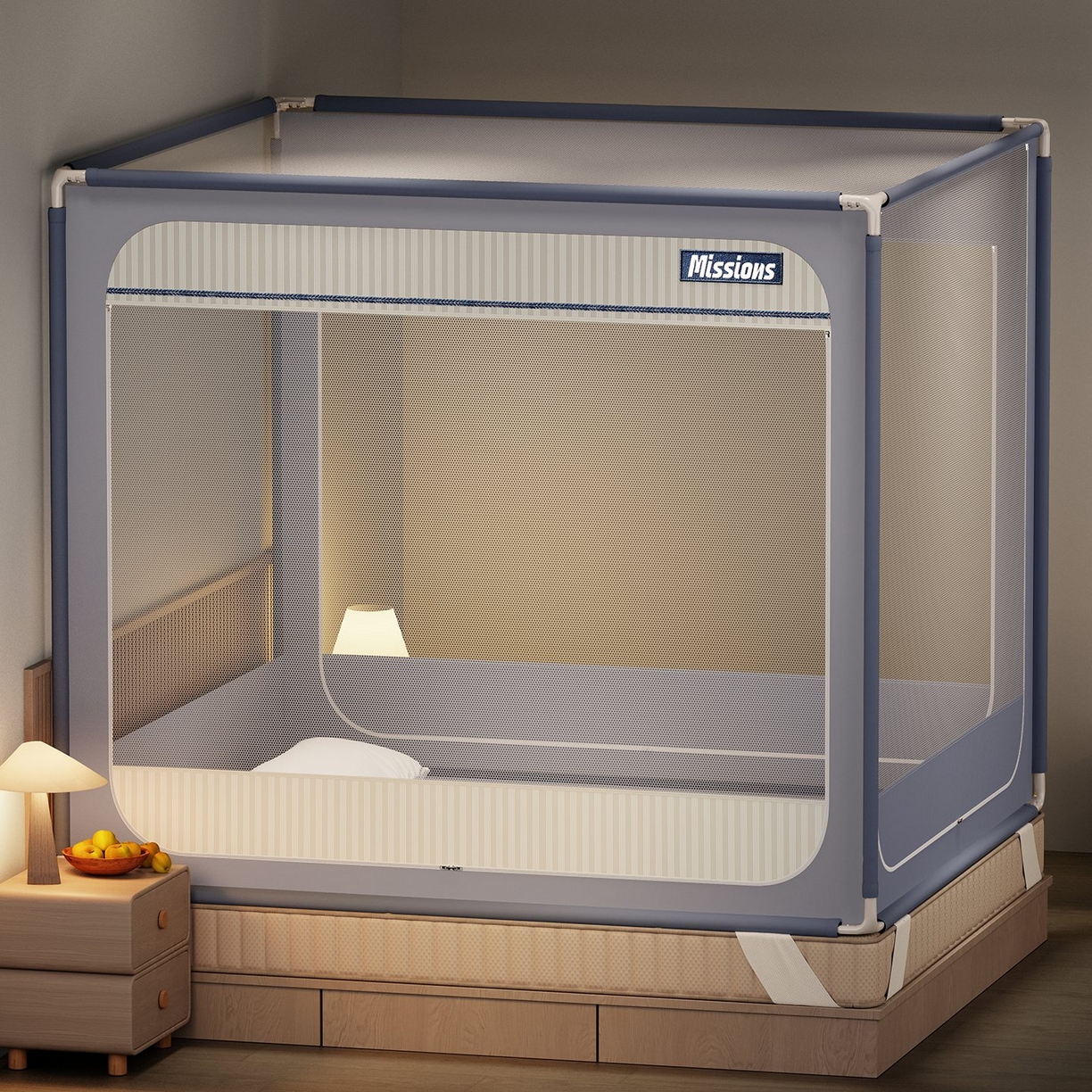 91家纺网 家纺一手货源 找家纺 星际优品 2026新款坐床蚊帐可拆卸全棉底加厚双股双丝防猫抓帐纱-格调款 格调-灰蓝