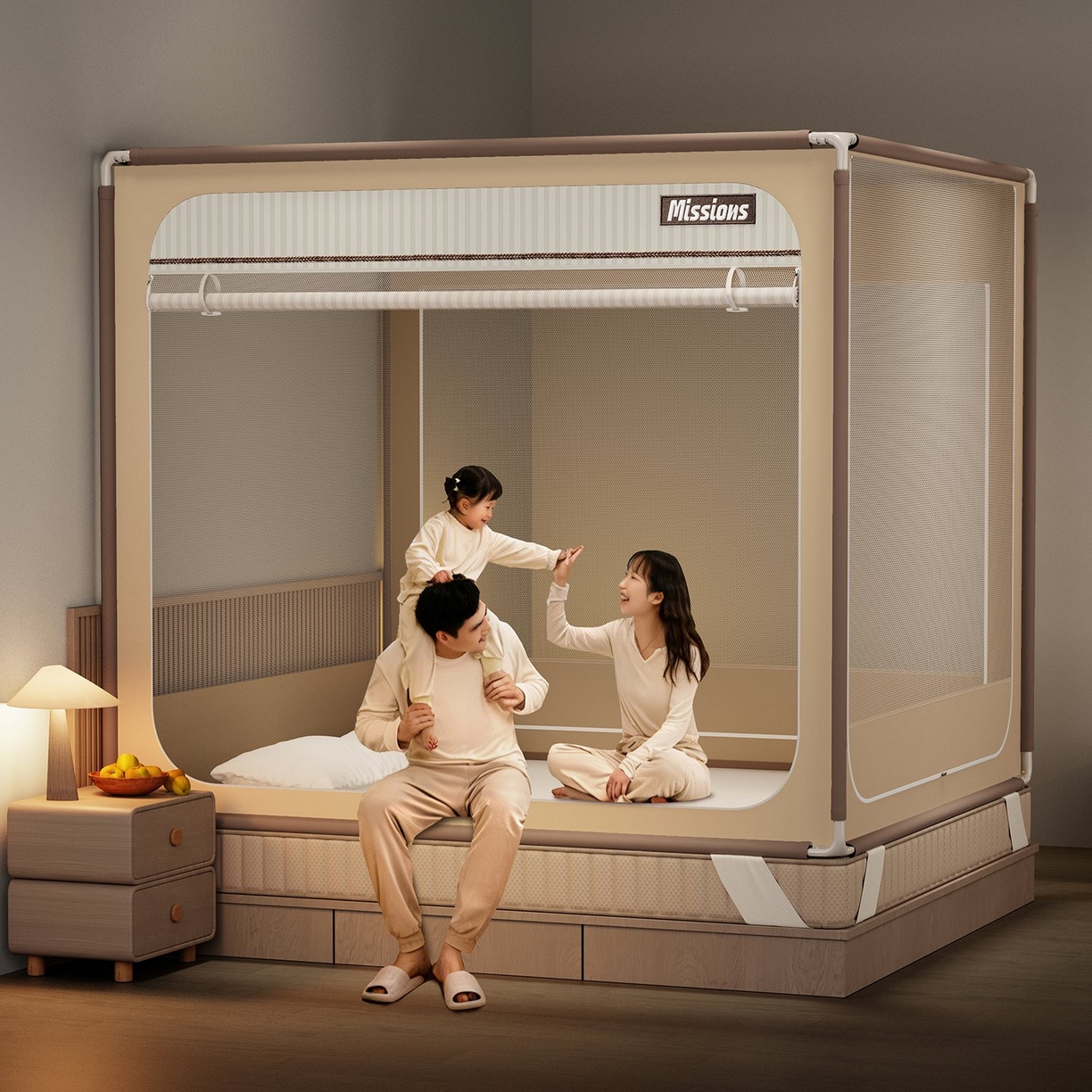 91家纺网 家纺一手货源 找家纺 星际优品 2026新款坐床蚊帐可拆卸全棉底加厚双股双丝防猫抓帐纱-格调款 格调-暖黄