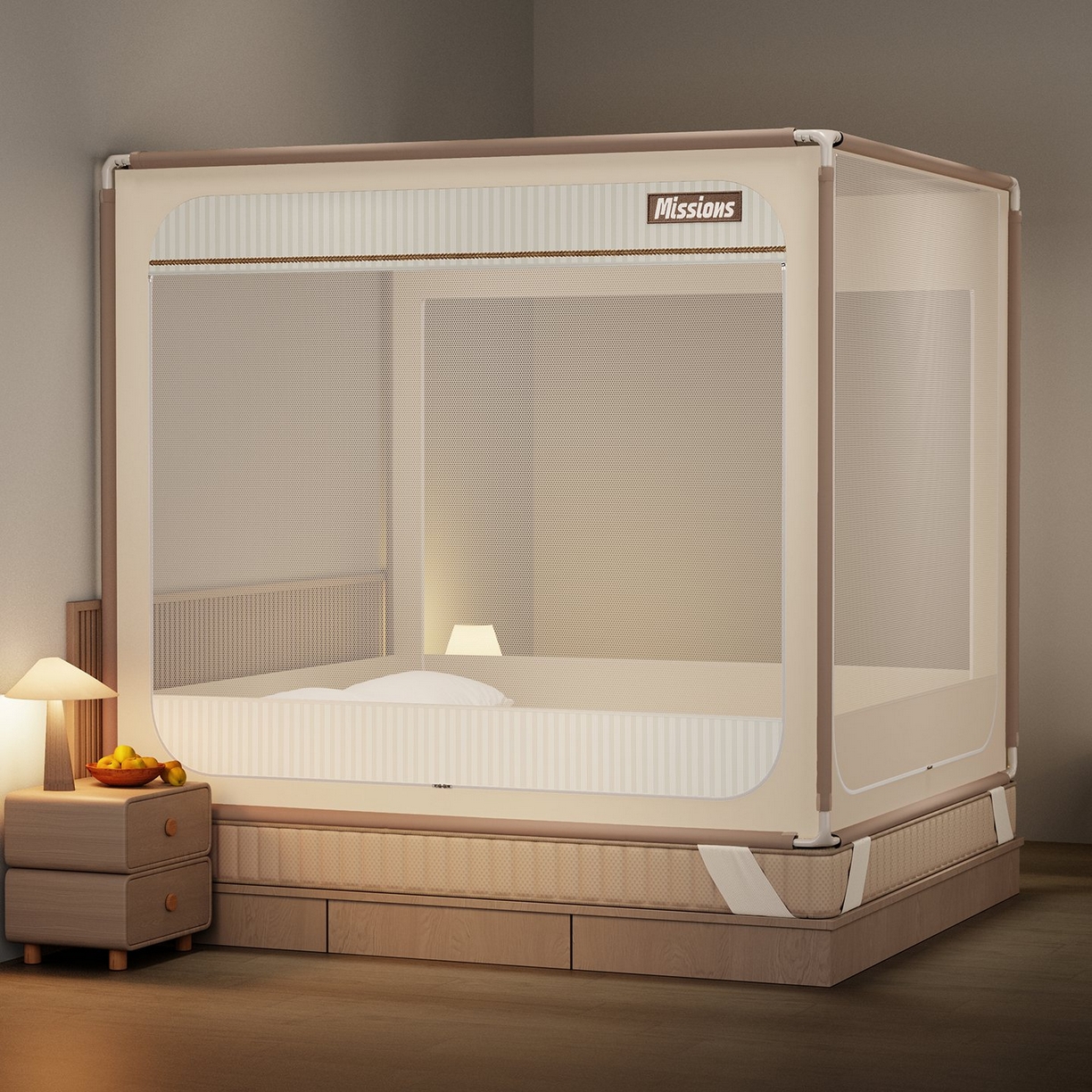 星际优品 2026新款坐床蚊帐可拆卸全棉底加厚双股双丝防猫抓帐纱-格调款 格调-米色