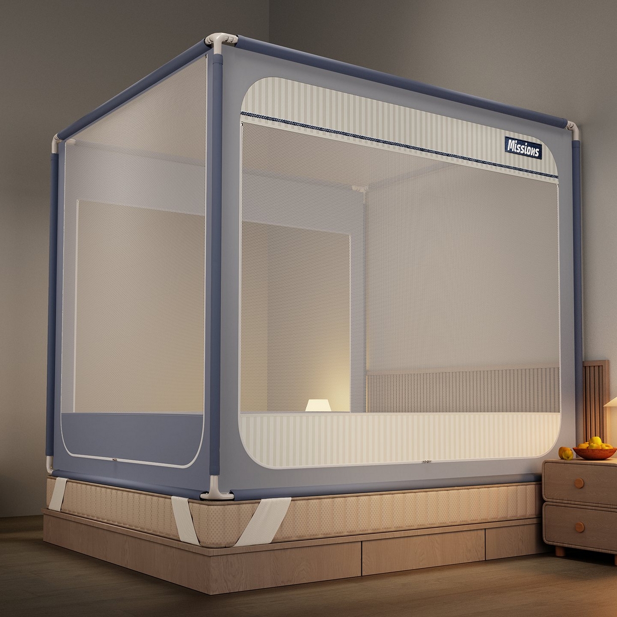 91家纺网 家纺一手货源 找家纺 星际优品 2026新款坐床蚊帐可拆卸全棉底加厚双股双丝防猫抓帐纱-格调款 格调-灰蓝