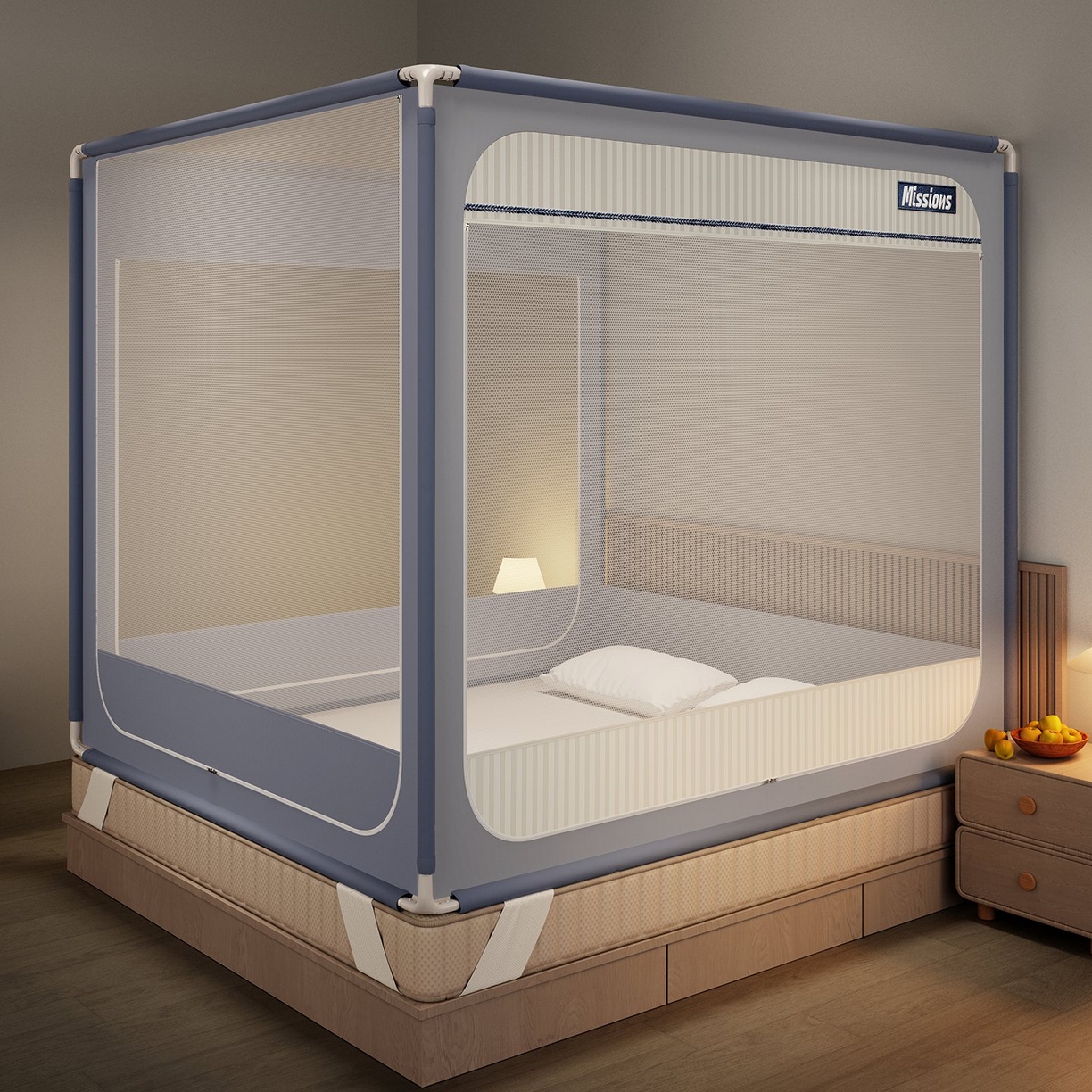 91家纺网 家纺一手货源 找家纺 星际优品 2026新款坐床蚊帐可拆卸全棉底加厚双股双丝防猫抓帐纱-格调款 格调-灰蓝