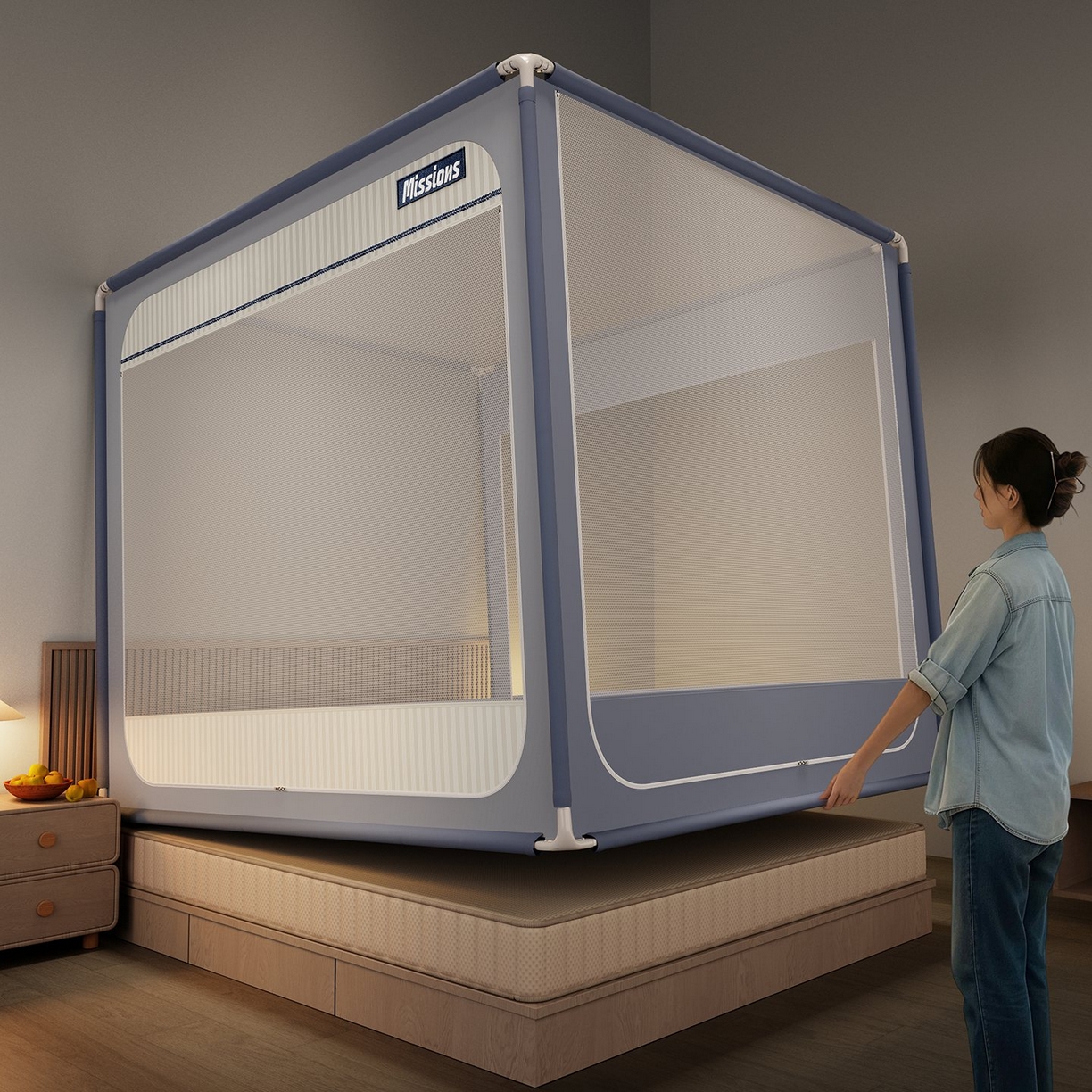 91家纺网 家纺一手货源 找家纺 星际优品 2026新款坐床蚊帐可拆卸全棉底加厚双股双丝防猫抓帐纱-格调款 格调-灰蓝