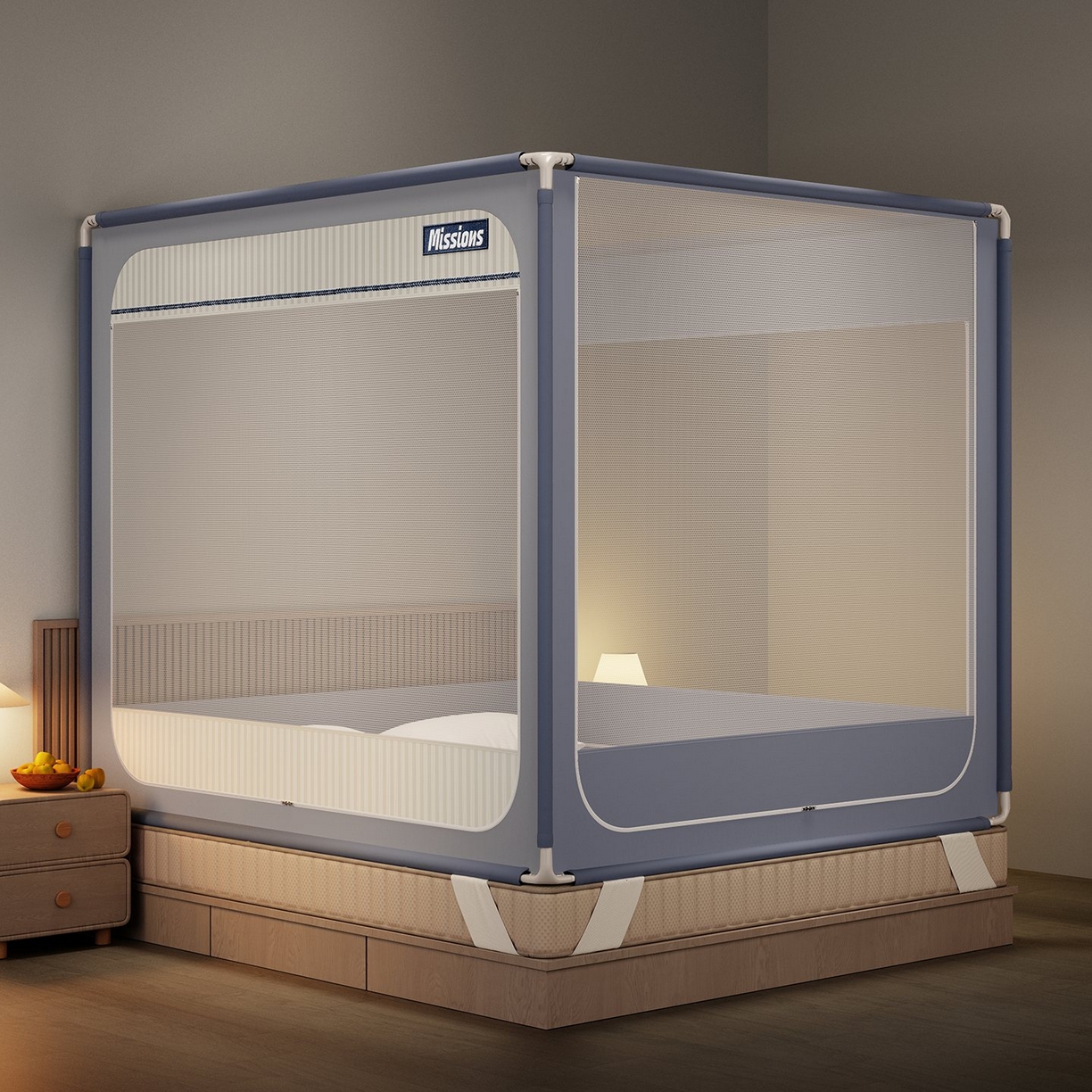 91家纺网 家纺一手货源 找家纺 星际优品 2026新款坐床蚊帐可拆卸全棉底加厚双股双丝防猫抓帐纱-格调款 格调-灰蓝