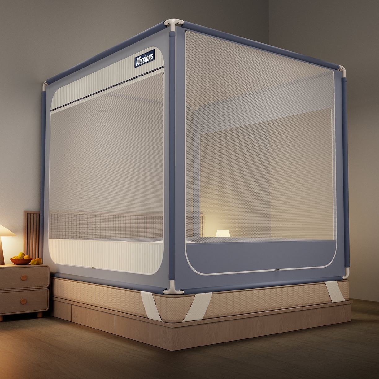 91家纺网 家纺一手货源 找家纺 星际优品 2026新款坐床蚊帐可拆卸全棉底加厚双股双丝防猫抓帐纱-格调款 格调-灰蓝