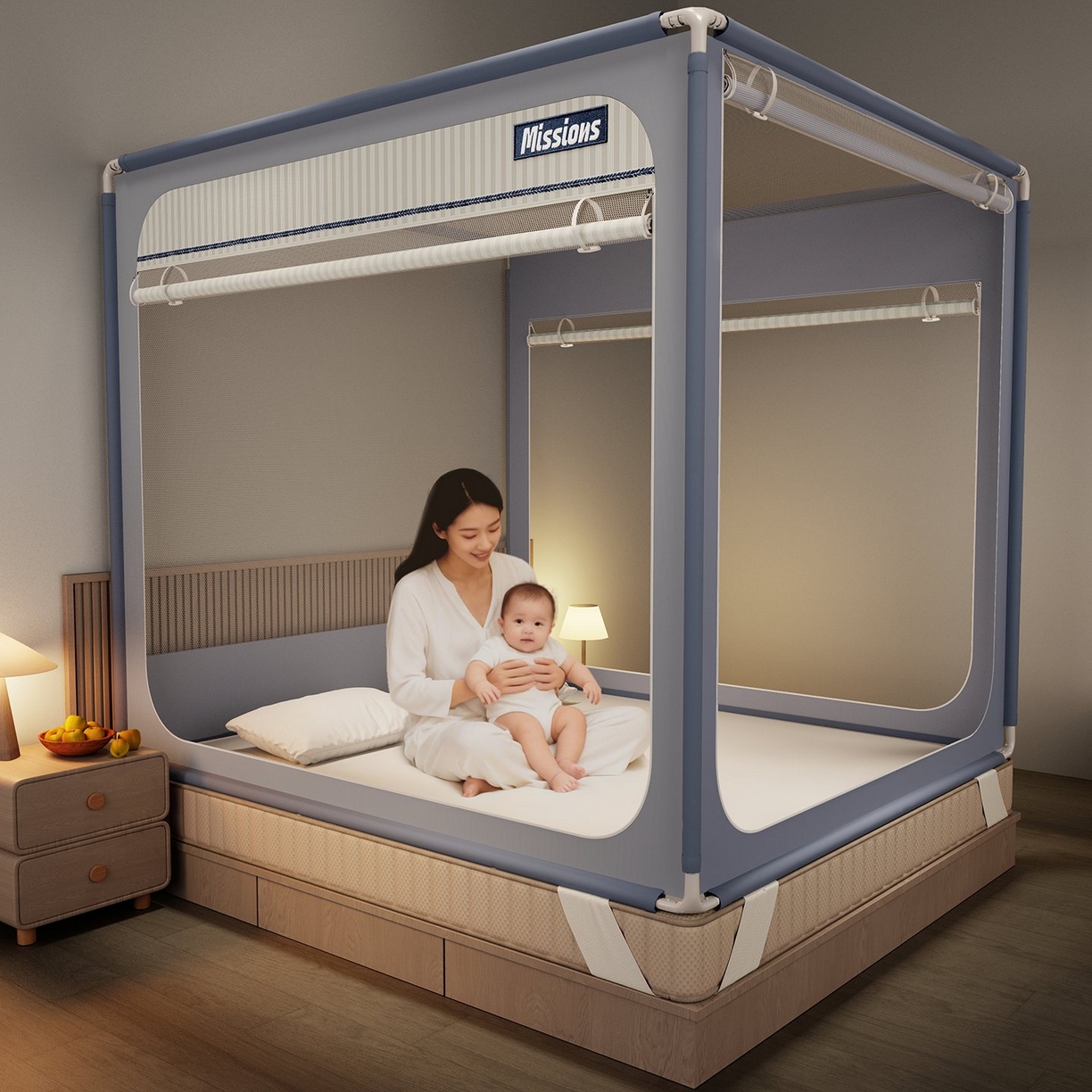 91家纺网 家纺一手货源 找家纺 星际优品 2026新款坐床蚊帐可拆卸全棉底加厚双股双丝防猫抓帐纱-格调款 格调-灰蓝