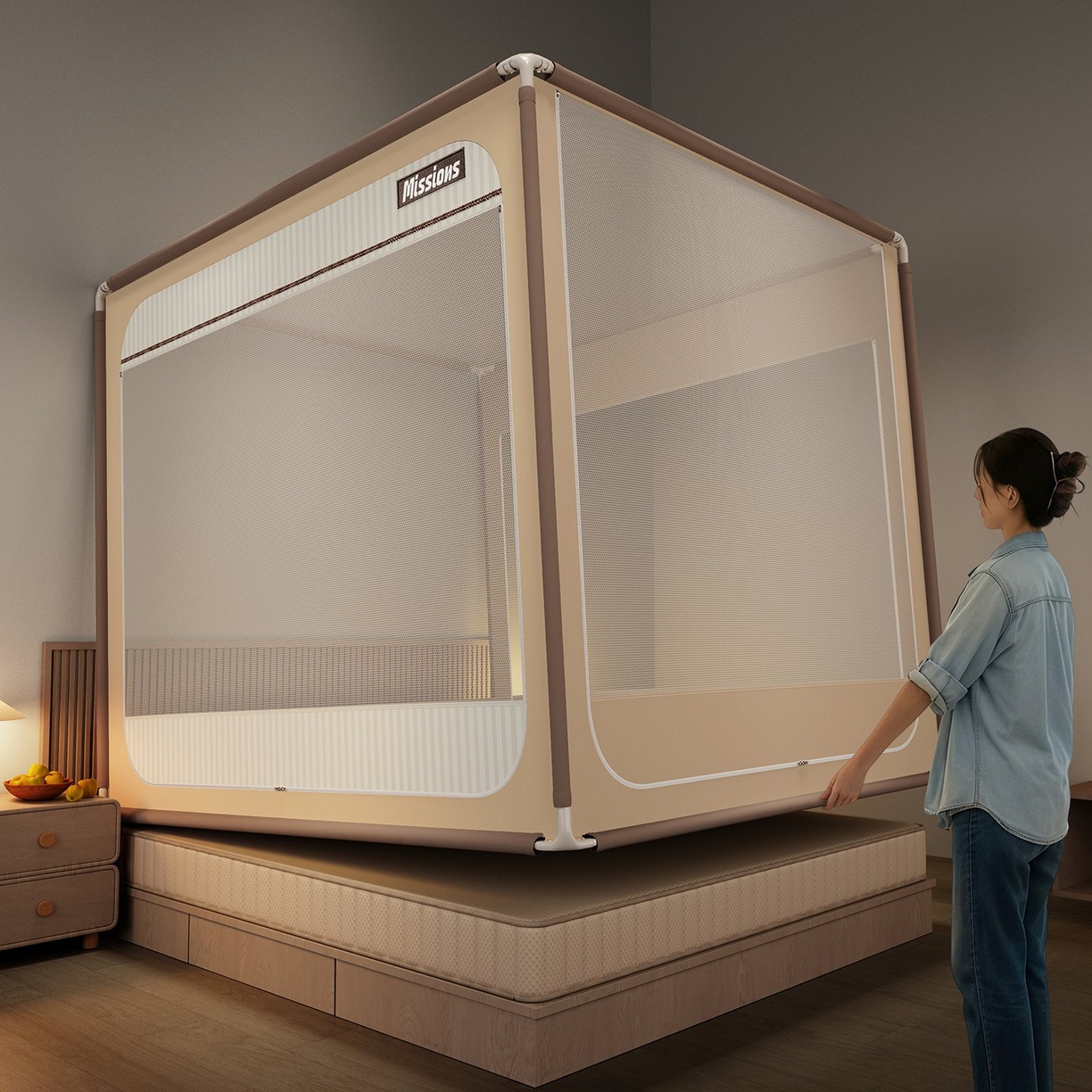 91家纺网 家纺一手货源 找家纺 星际优品 2026新款坐床蚊帐可拆卸全棉底加厚双股双丝防猫抓帐纱-格调款 格调-暖黄