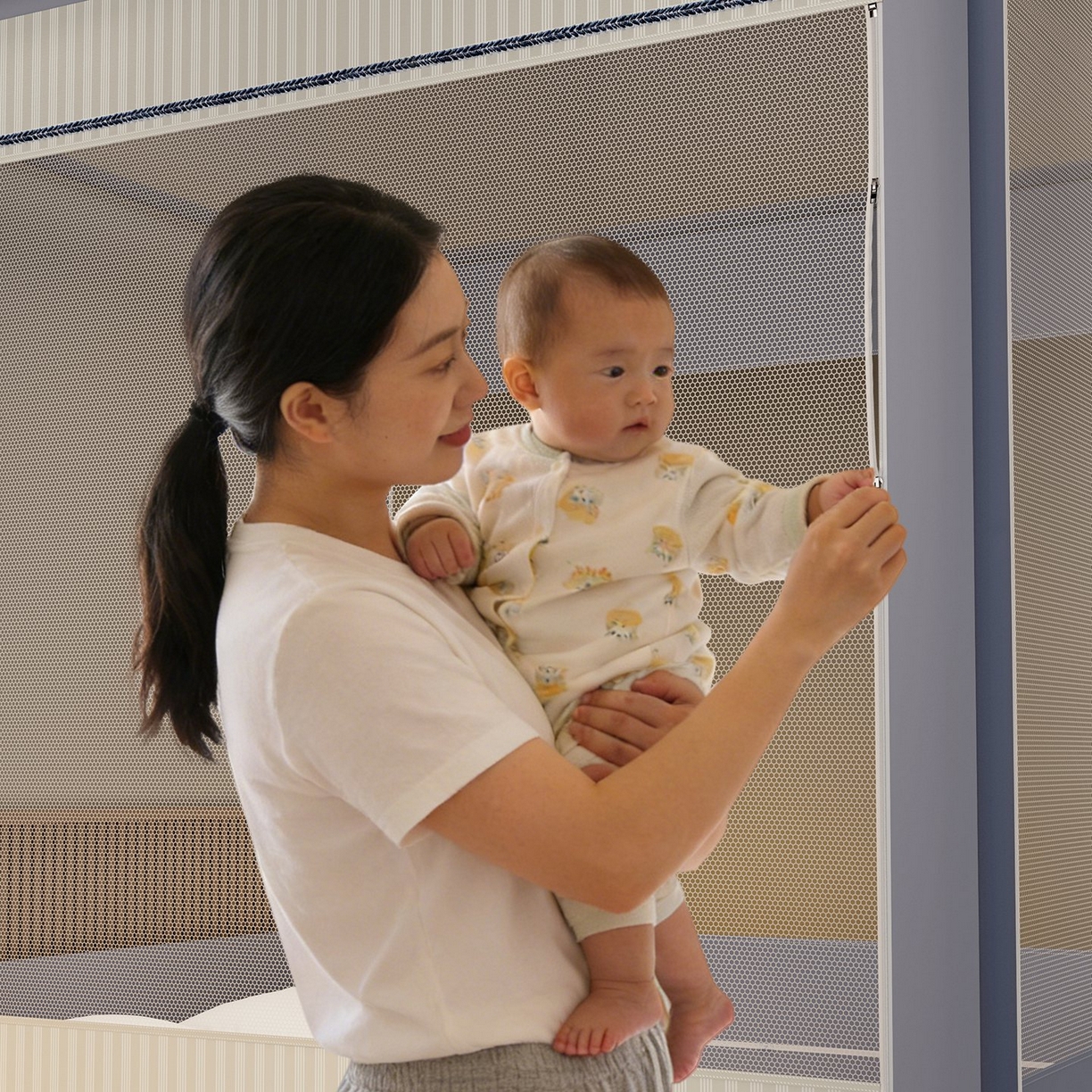 91家纺网 家纺一手货源 找家纺 星际优品 2026新款坐床蚊帐可拆卸全棉底加厚双股双丝防猫抓帐纱-格调款 格调-灰蓝