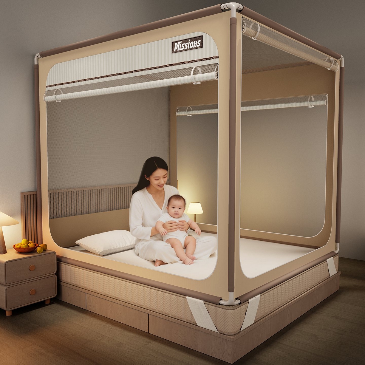 91家纺网 家纺一手货源 找家纺 星际优品 2026新款坐床蚊帐可拆卸全棉底加厚双股双丝防猫抓帐纱-格调款 格调-暖黄