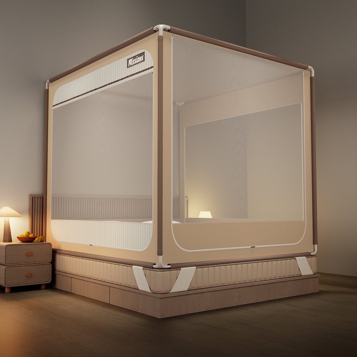 91家纺网 家纺一手货源 找家纺 星际优品 2026新款坐床蚊帐可拆卸全棉底加厚双股双丝防猫抓帐纱-格调款 格调-暖黄