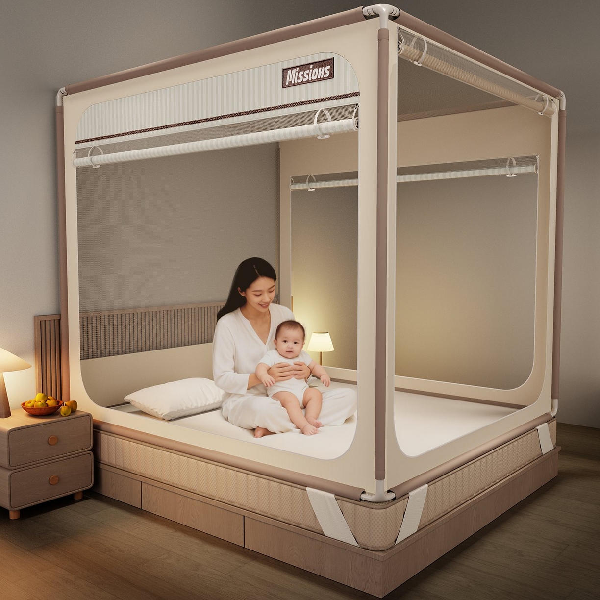 91家纺网 家纺一手货源 找家纺 星际优品 2026新款坐床蚊帐可拆卸全棉底加厚双股双丝防猫抓帐纱-格调款 格调-米色