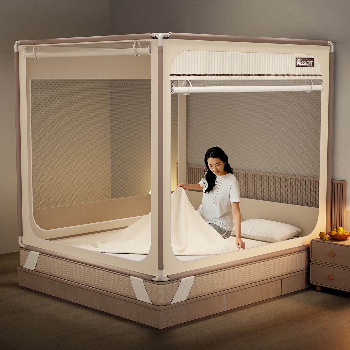 91家纺网 家纺一手货源 找家纺 星际优品 2026新款坐床蚊帐可拆卸全棉底加厚双股双丝防猫抓帐纱-格调款 格调-米色