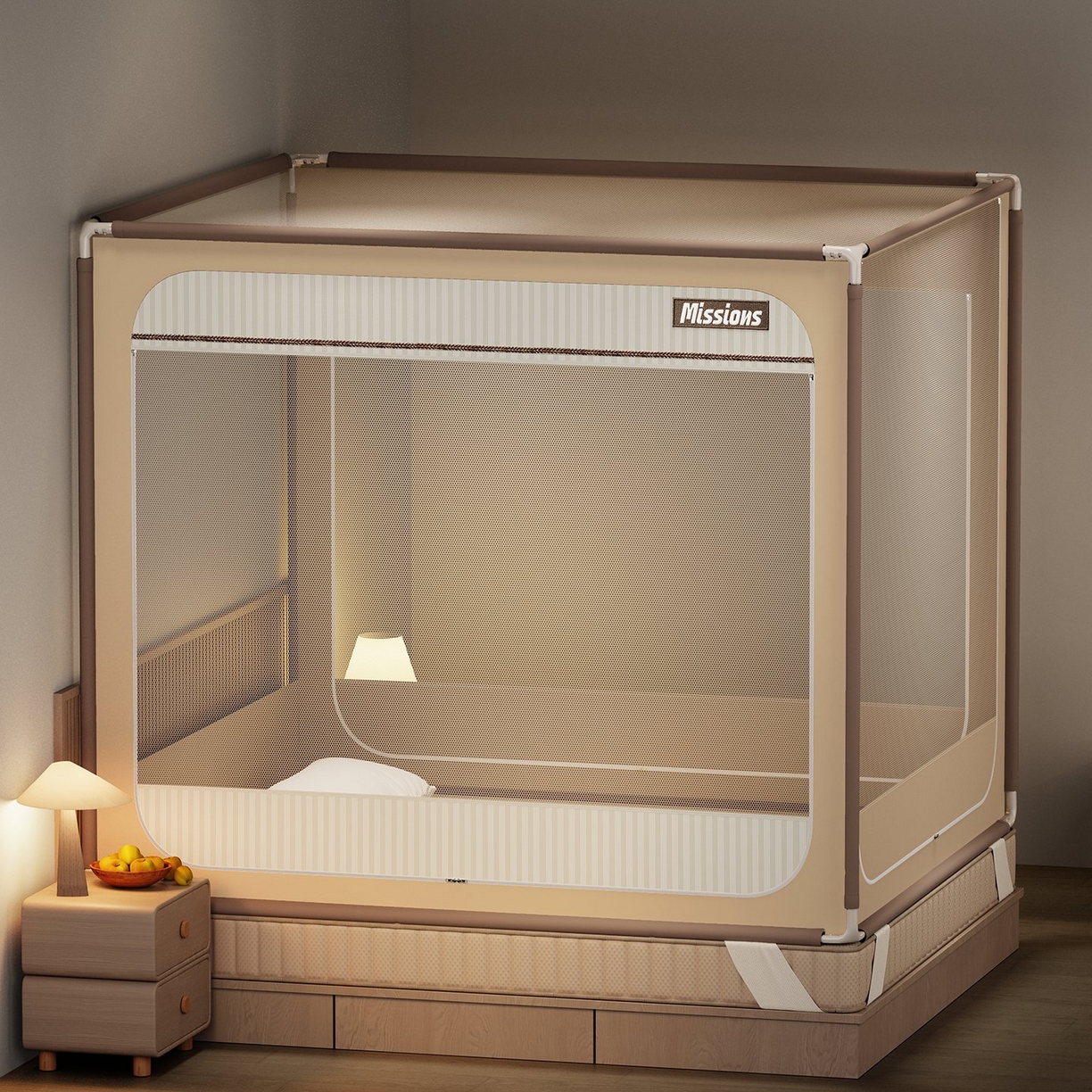 91家纺网 家纺一手货源 找家纺 星际优品 2026新款坐床蚊帐可拆卸全棉底加厚双股双丝防猫抓帐纱-格调款 格调-暖黄