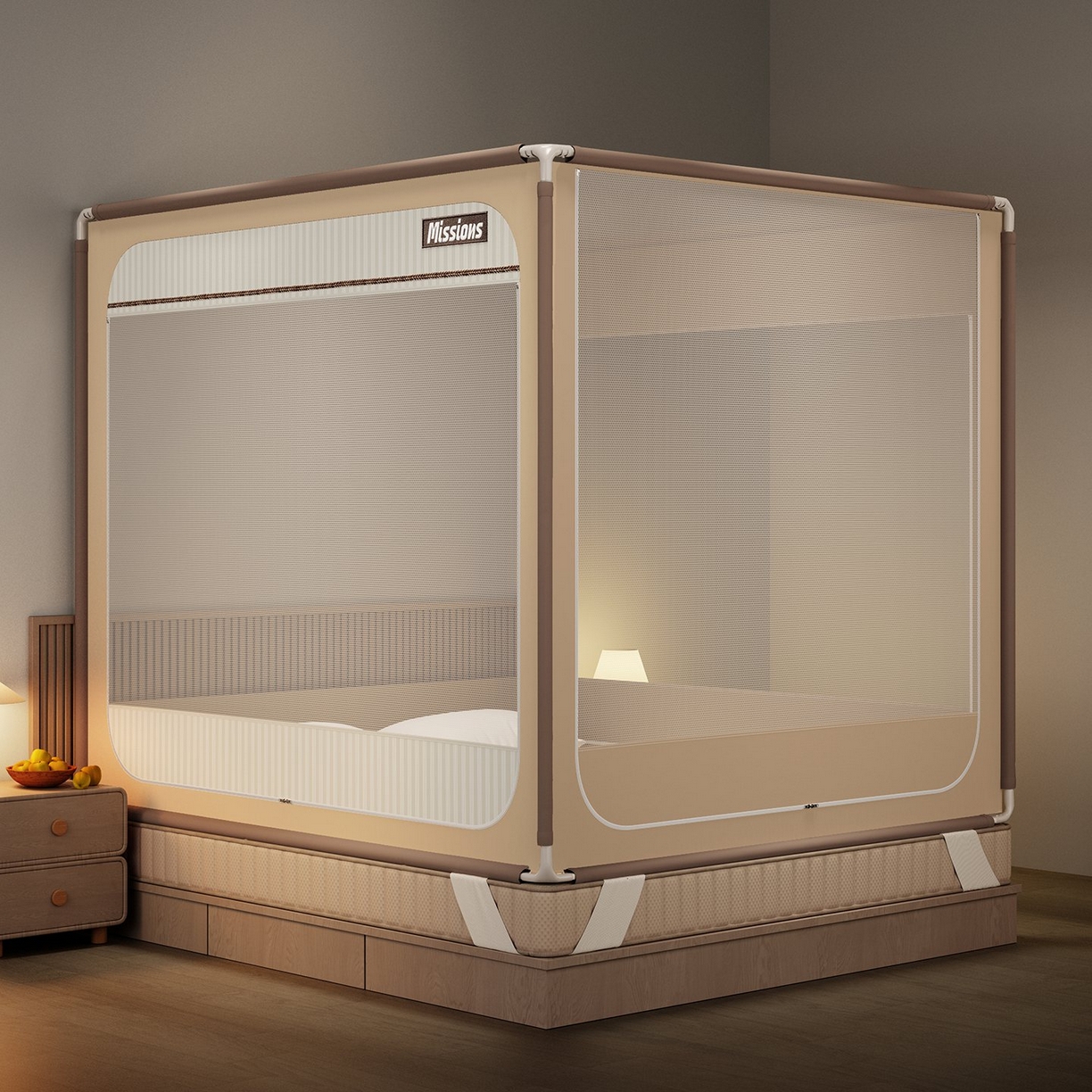 91家纺网 家纺一手货源 找家纺 星际优品 2026新款坐床蚊帐可拆卸全棉底加厚双股双丝防猫抓帐纱-格调款 格调-暖黄