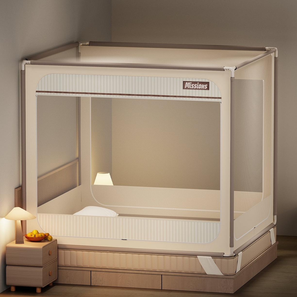 91家纺网 家纺一手货源 找家纺 星际优品 2026新款坐床蚊帐可拆卸全棉底加厚双股双丝防猫抓帐纱-格调款 格调-米色