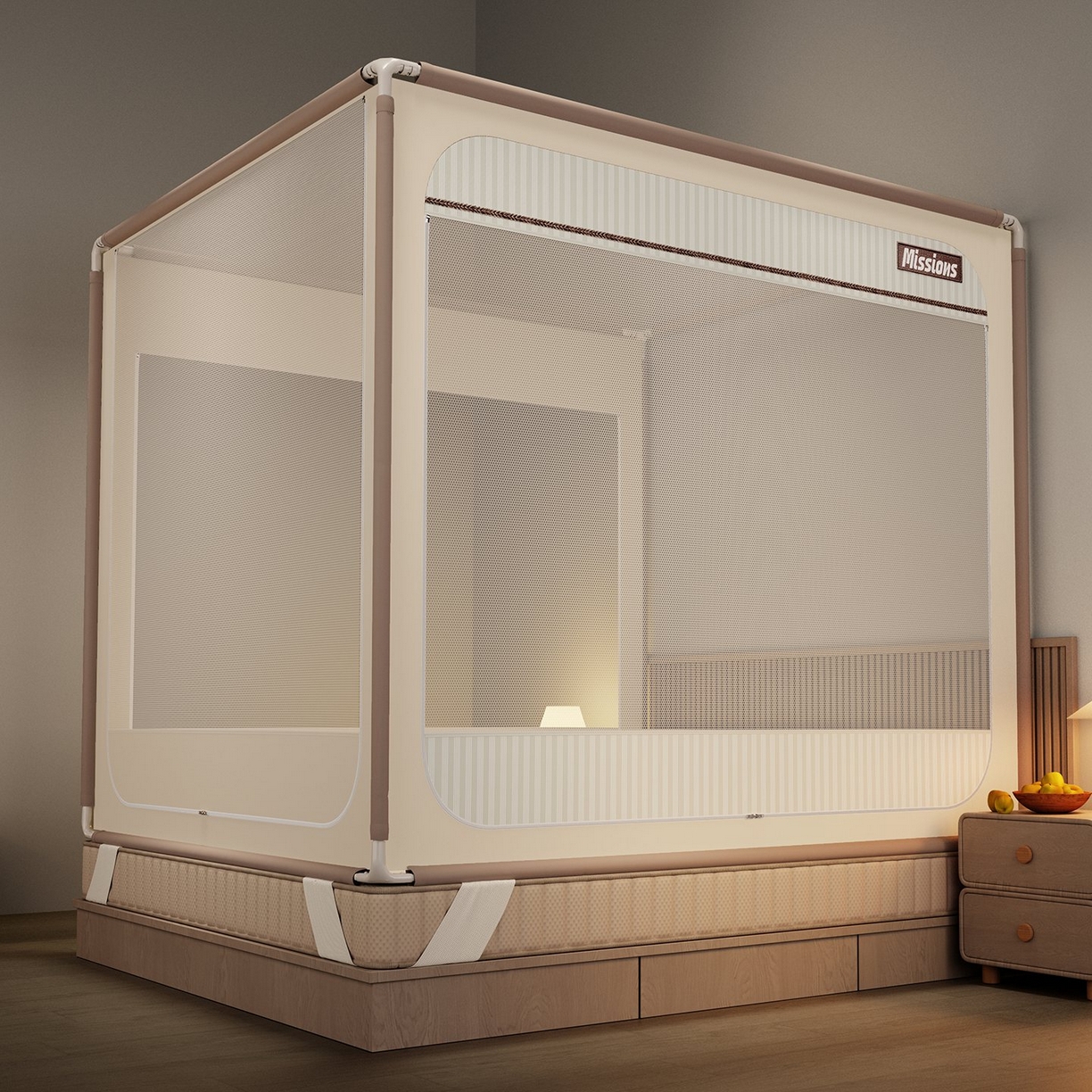 91家纺网 家纺一手货源 找家纺 星际优品 2026新款坐床蚊帐可拆卸全棉底加厚双股双丝防猫抓帐纱-格调款 格调-米色