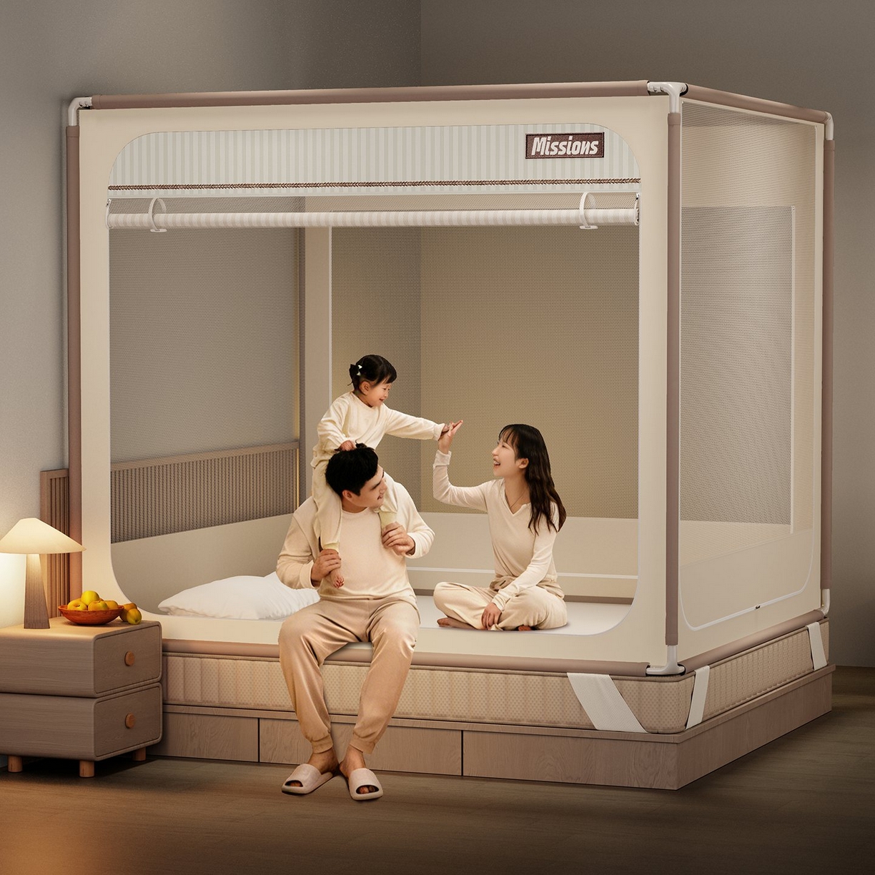 91家纺网 家纺一手货源 找家纺 星际优品 2026新款坐床蚊帐可拆卸全棉底加厚双股双丝防猫抓帐纱-格调款 格调-米色