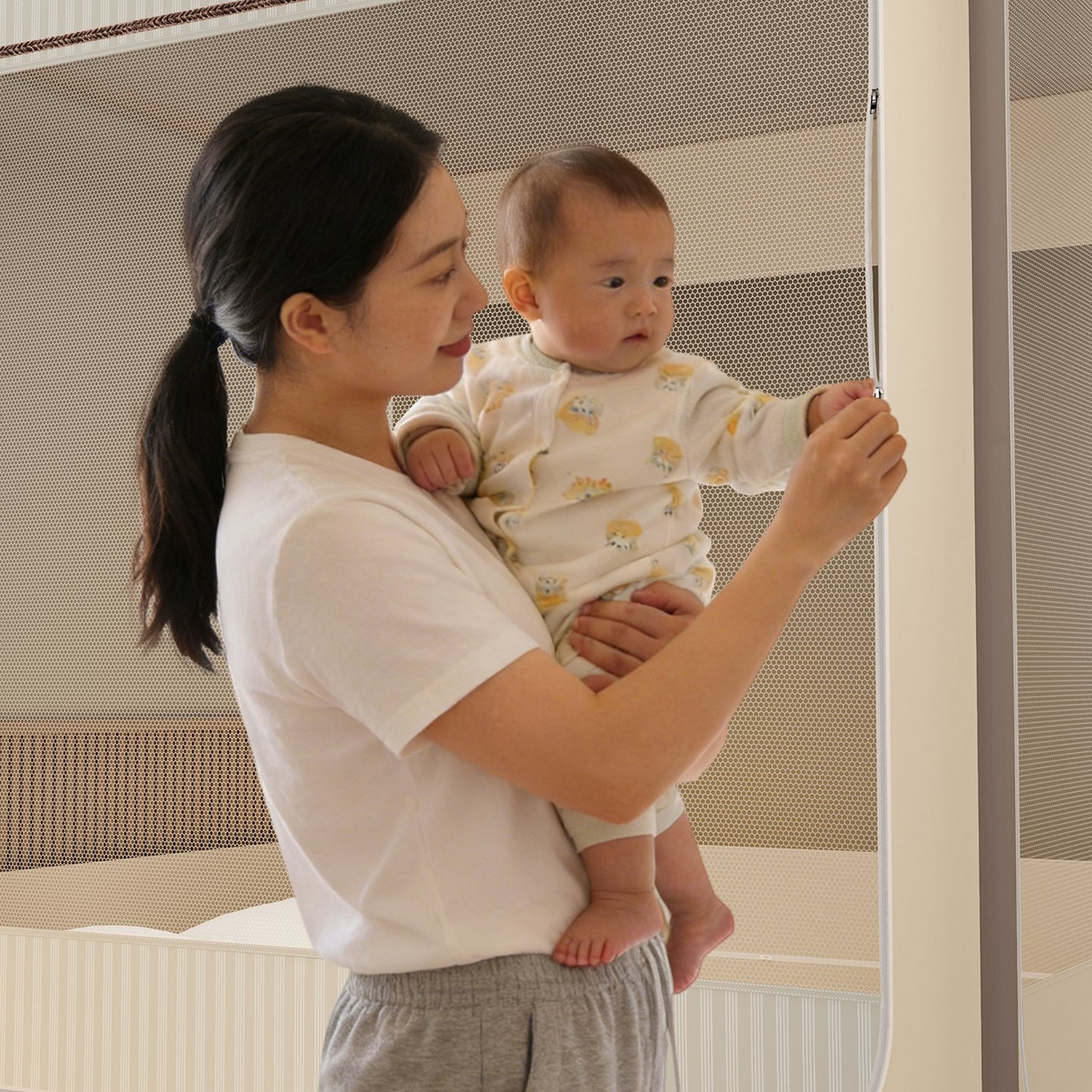 91家纺网 家纺一手货源 找家纺 星际优品 2026新款坐床蚊帐可拆卸全棉底加厚双股双丝防猫抓帐纱-格调款 格调-米色