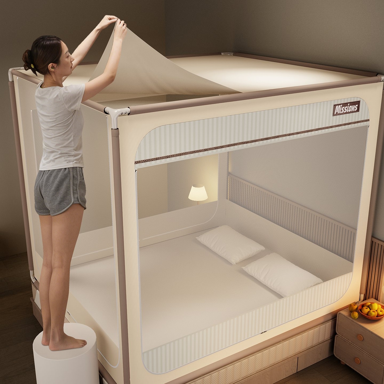 91家纺网 家纺一手货源 找家纺 星际优品 2026新款坐床蚊帐可拆卸全棉底加厚双股双丝防猫抓帐纱-格调款 格调-米色