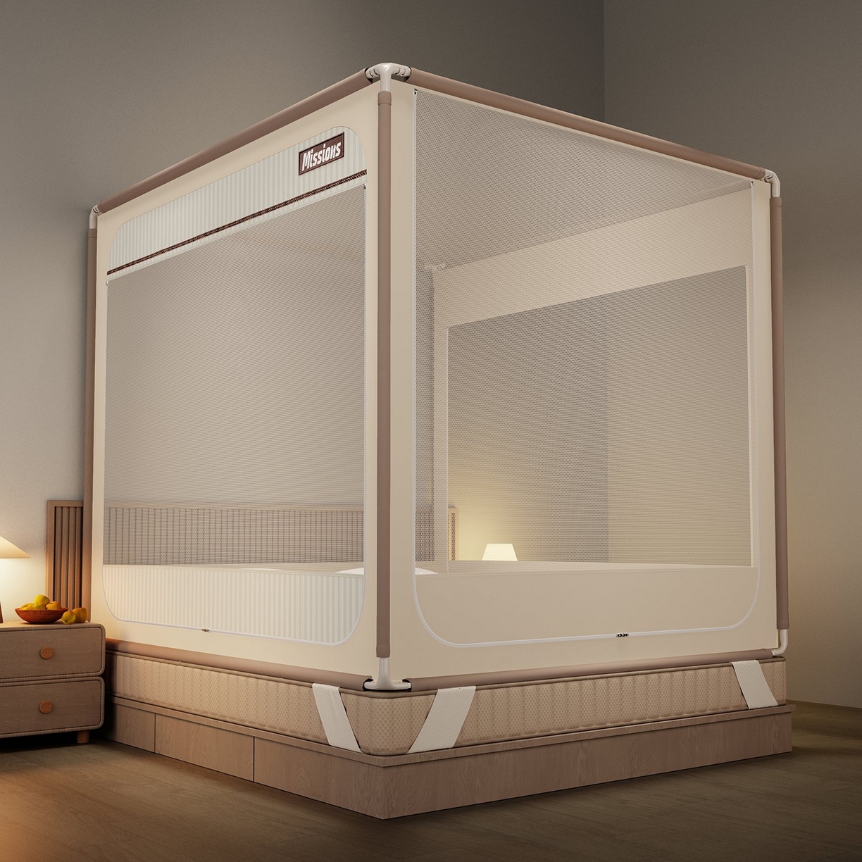 91家纺网 家纺一手货源 找家纺 星际优品 2026新款坐床蚊帐可拆卸全棉底加厚双股双丝防猫抓帐纱-格调款 格调-米色