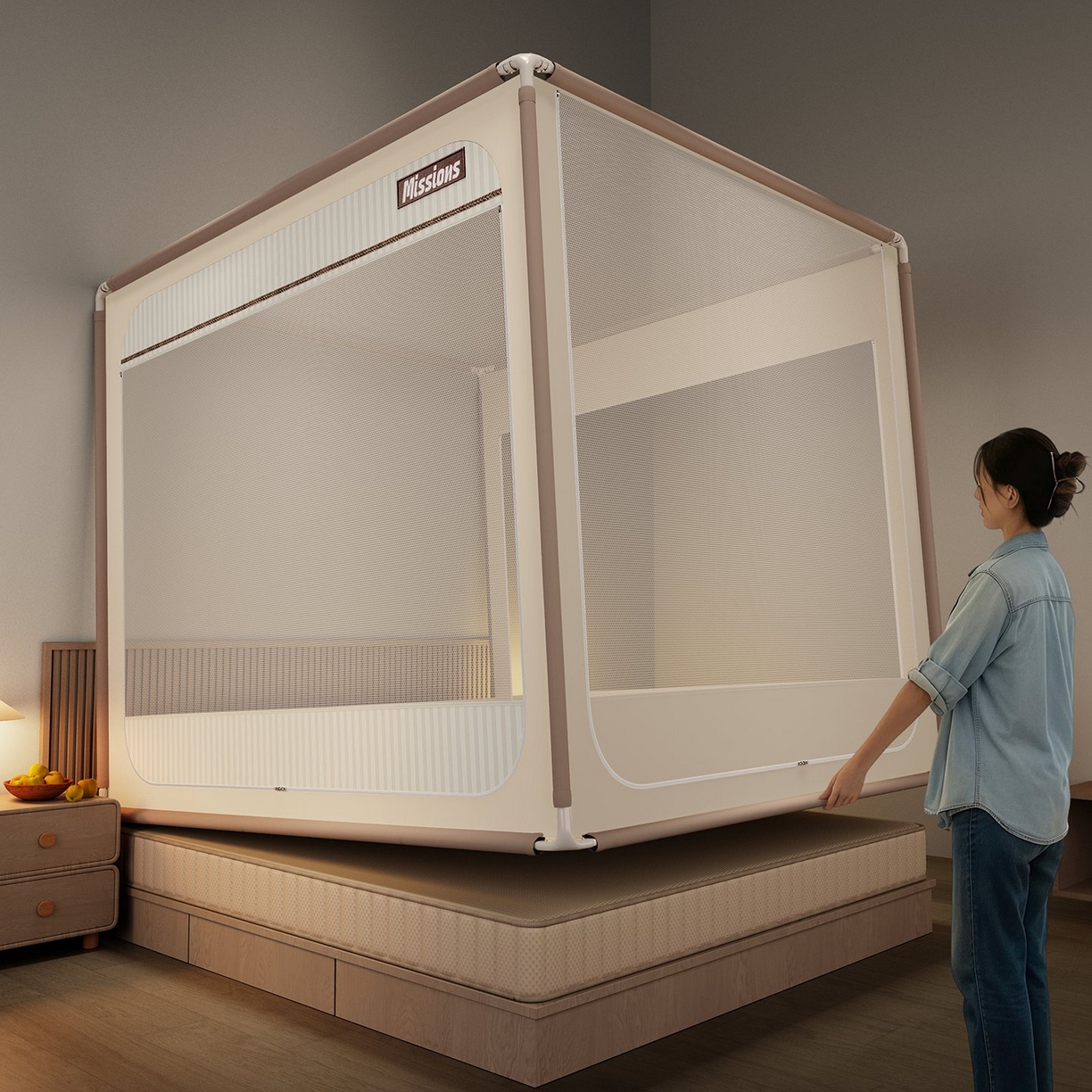 91家纺网 家纺一手货源 找家纺 星际优品 2026新款坐床蚊帐可拆卸全棉底加厚双股双丝防猫抓帐纱-格调款 格调-米色