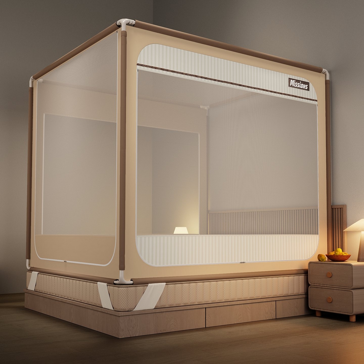 91家纺网 家纺一手货源 找家纺 星际优品 2026新款坐床蚊帐可拆卸全棉底加厚双股双丝防猫抓帐纱-格调款 格调-暖黄