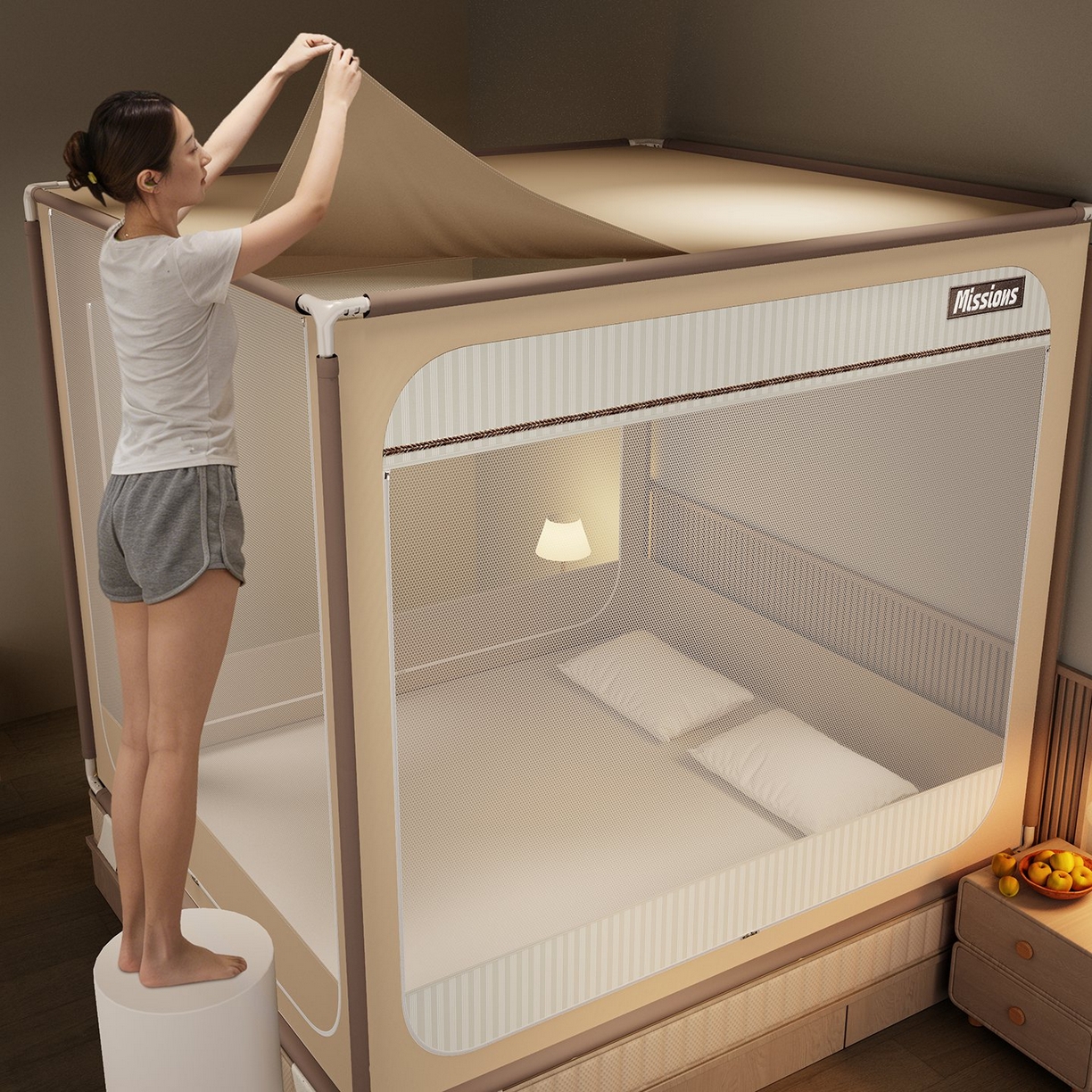 91家纺网 家纺一手货源 找家纺 星际优品 2026新款坐床蚊帐可拆卸全棉底加厚双股双丝防猫抓帐纱-格调款 格调-暖黄