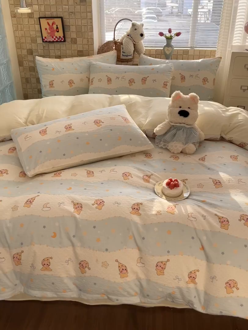 91家纺网 家纺一手货源 找家纺 川悦生活 2026新款云感双层纱木棉四件套 数星星