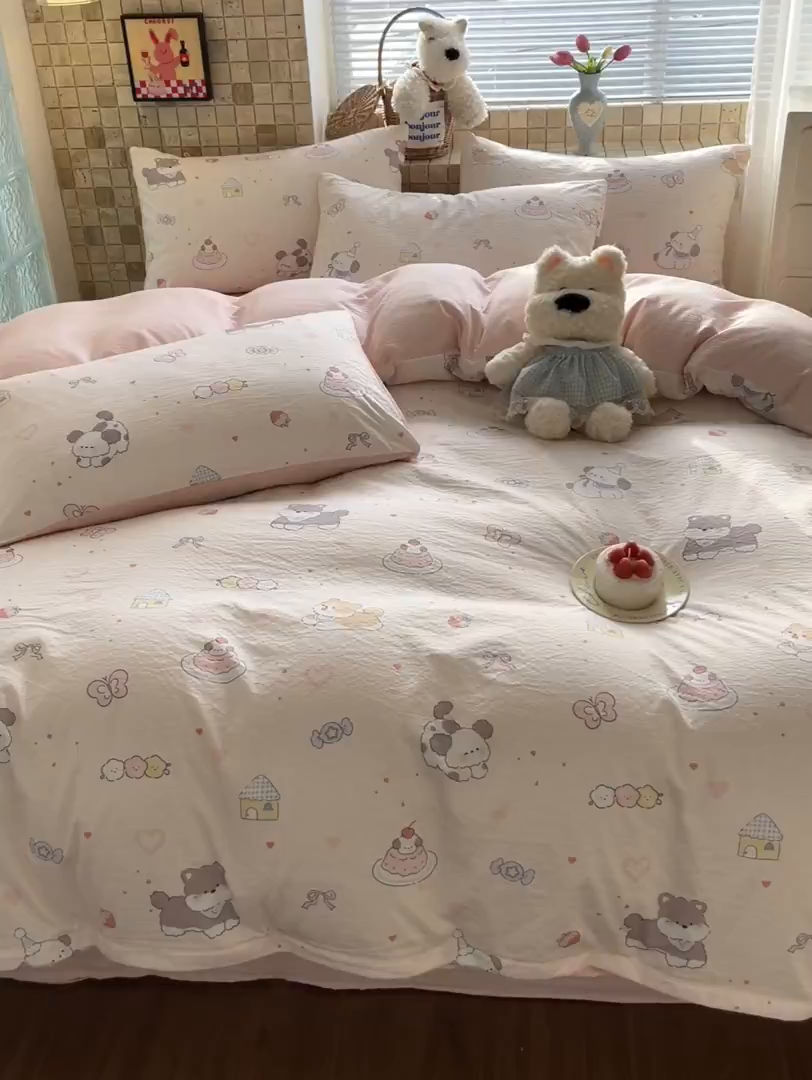 91家纺网 家纺一手货源 找家纺 川悦生活 2026新款云感双层纱木棉四件套 糖豆小旺