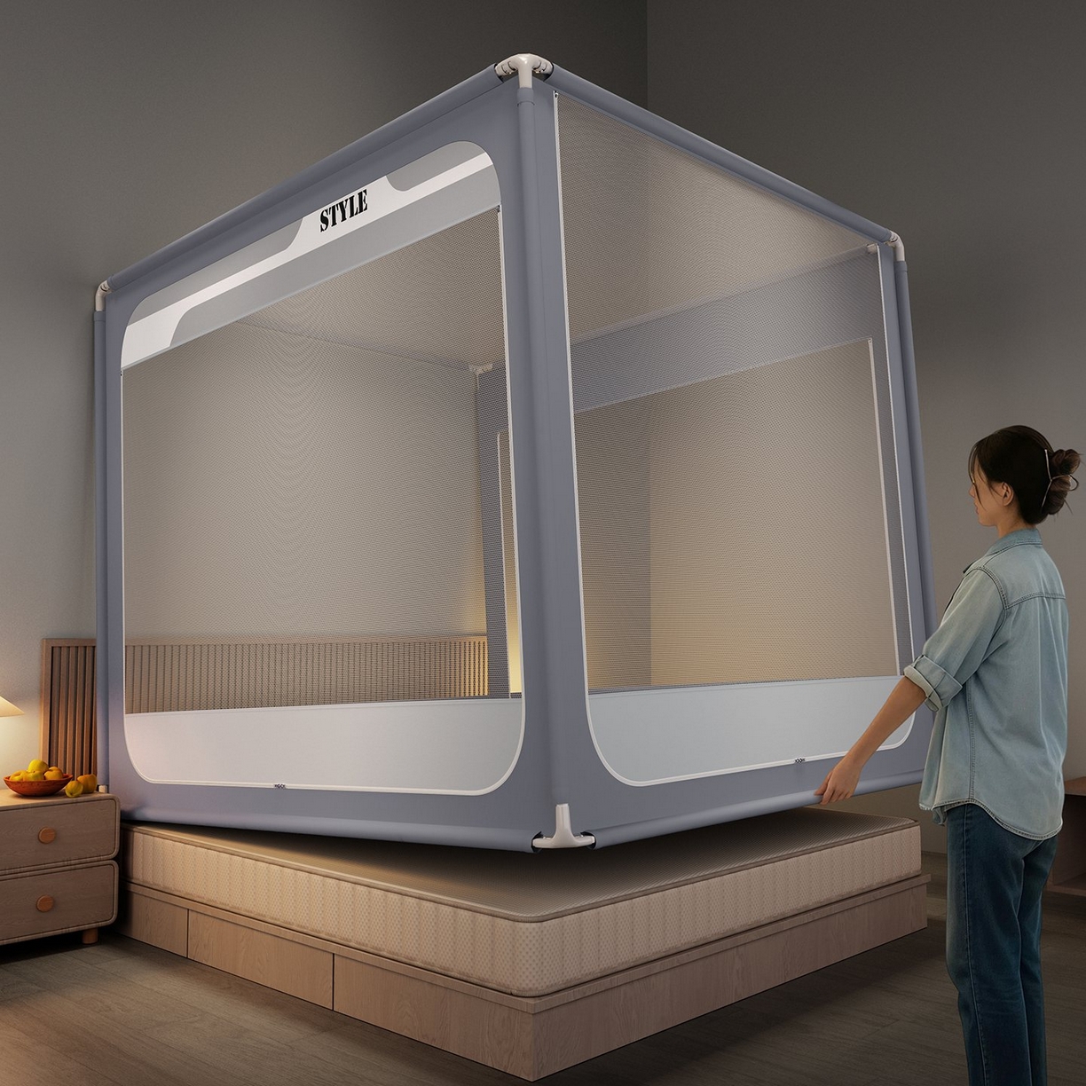 91家纺网 家纺一手货源 找家纺 （总）星际优品 2026新款坐床蚊帐可拆卸全棉底加厚双股双丝防猫抓帐纱-风格款