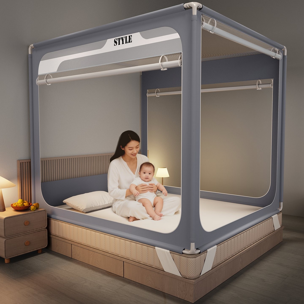 91家纺网 家纺一手货源 找家纺 星际优品 2026新款坐床蚊帐可拆卸全棉底加厚双股双丝防猫抓帐纱-风格款 灰色