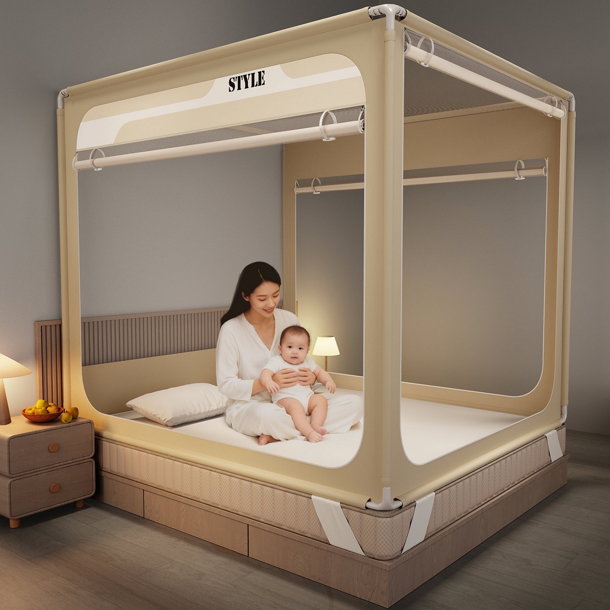 91家纺网 家纺一手货源 找家纺 星际优品 2026新款坐床蚊帐可拆卸全棉底加厚双股双丝防猫抓帐纱-风格款 米色