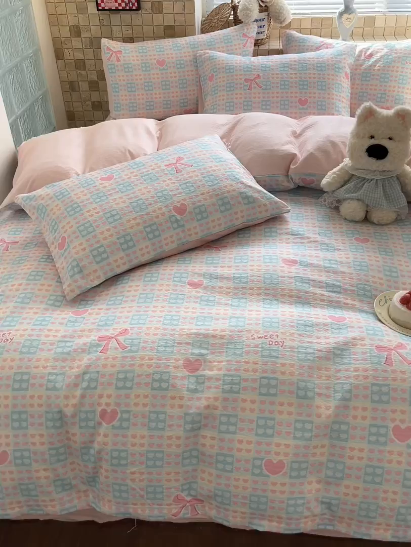 91家纺网 家纺一手货源 找家纺 川悦生活 2026新款云感双层纱木棉四件套 甜梦心愿