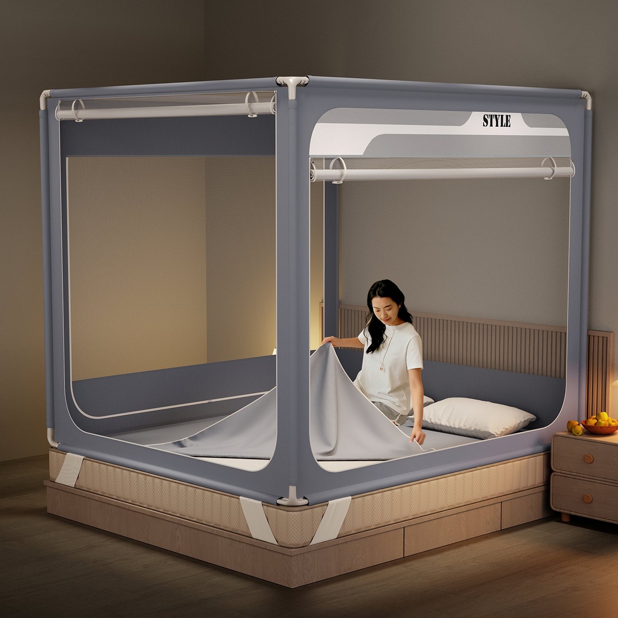 91家纺网 家纺一手货源 找家纺 星际优品 2026新款坐床蚊帐可拆卸全棉底加厚双股双丝防猫抓帐纱-风格款 灰色