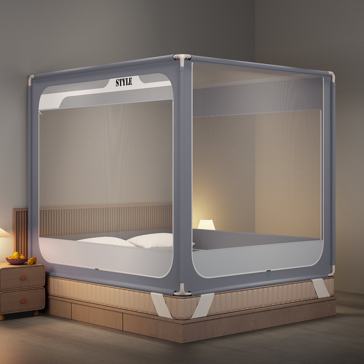 91家纺网 家纺一手货源 找家纺 星际优品 2026新款坐床蚊帐可拆卸全棉底加厚双股双丝防猫抓帐纱-风格款 灰色