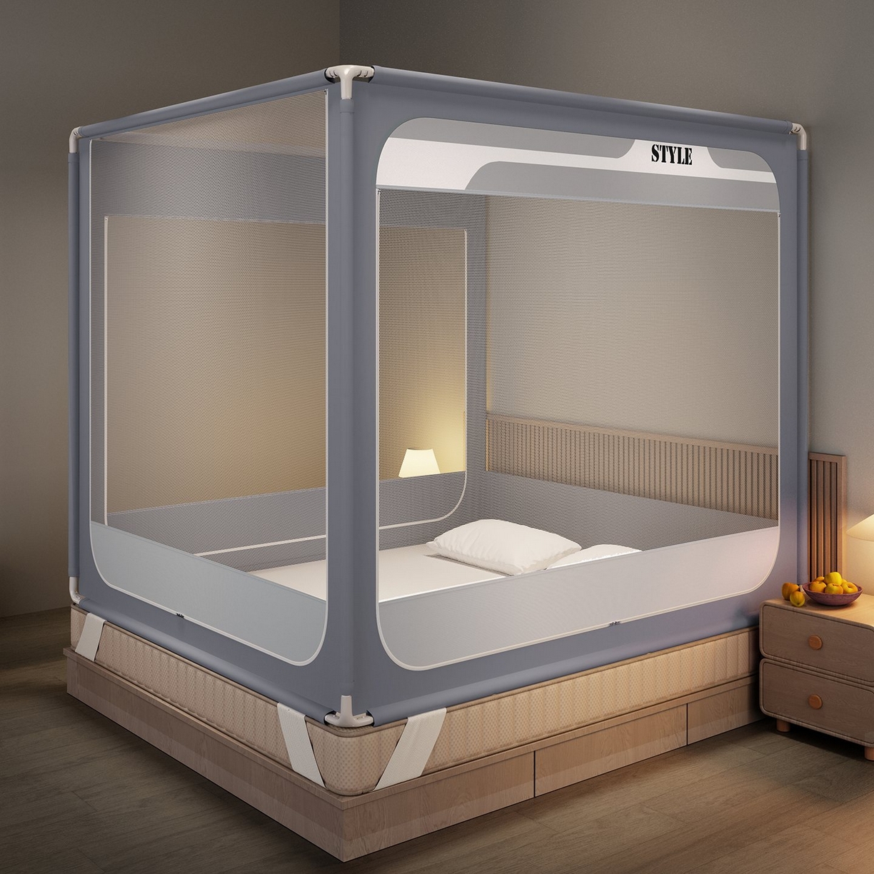 91家纺网 家纺一手货源 找家纺 星际优品 2026新款坐床蚊帐可拆卸全棉底加厚双股双丝防猫抓帐纱-风格款 灰色