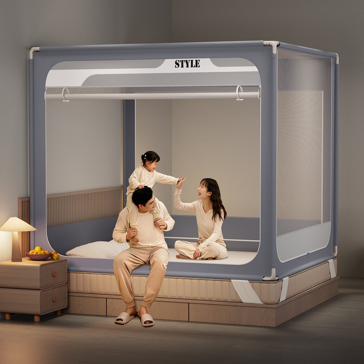 91家纺网 家纺一手货源 找家纺 星际优品 2026新款坐床蚊帐可拆卸全棉底加厚双股双丝防猫抓帐纱-风格款 灰色