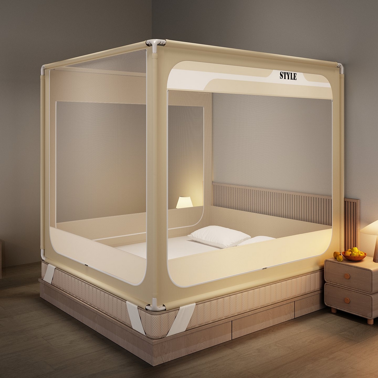 91家纺网 家纺一手货源 找家纺 星际优品 2026新款坐床蚊帐可拆卸全棉底加厚双股双丝防猫抓帐纱-风格款 米色