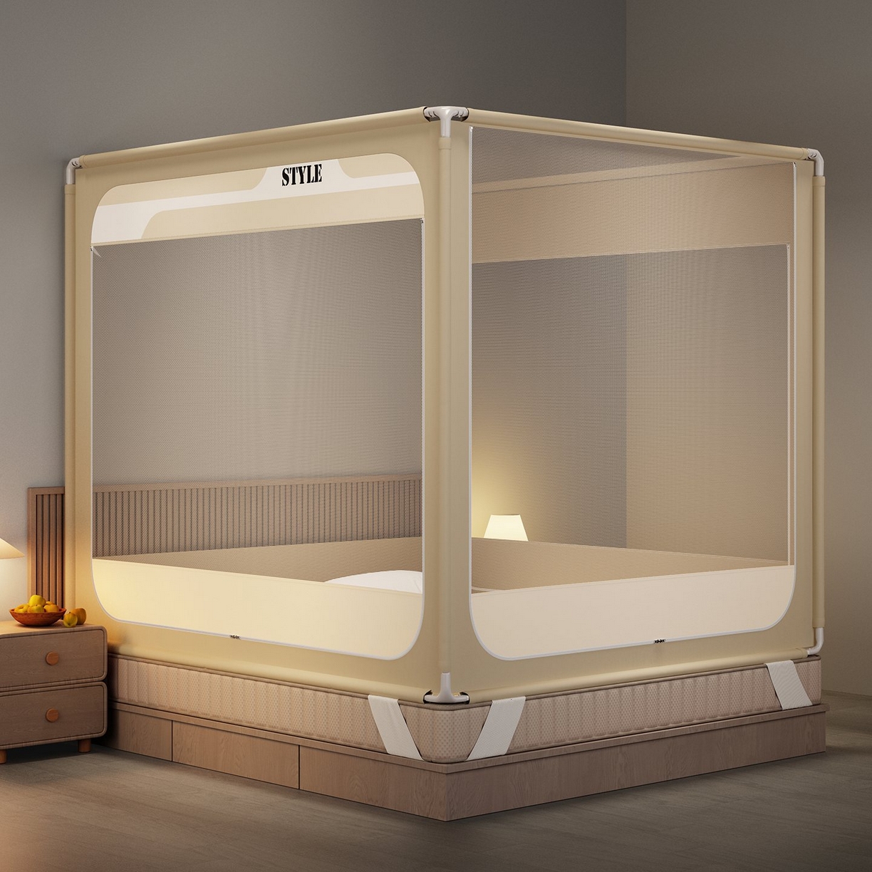 91家纺网 家纺一手货源 找家纺 星际优品 2026新款坐床蚊帐可拆卸全棉底加厚双股双丝防猫抓帐纱-风格款 米色