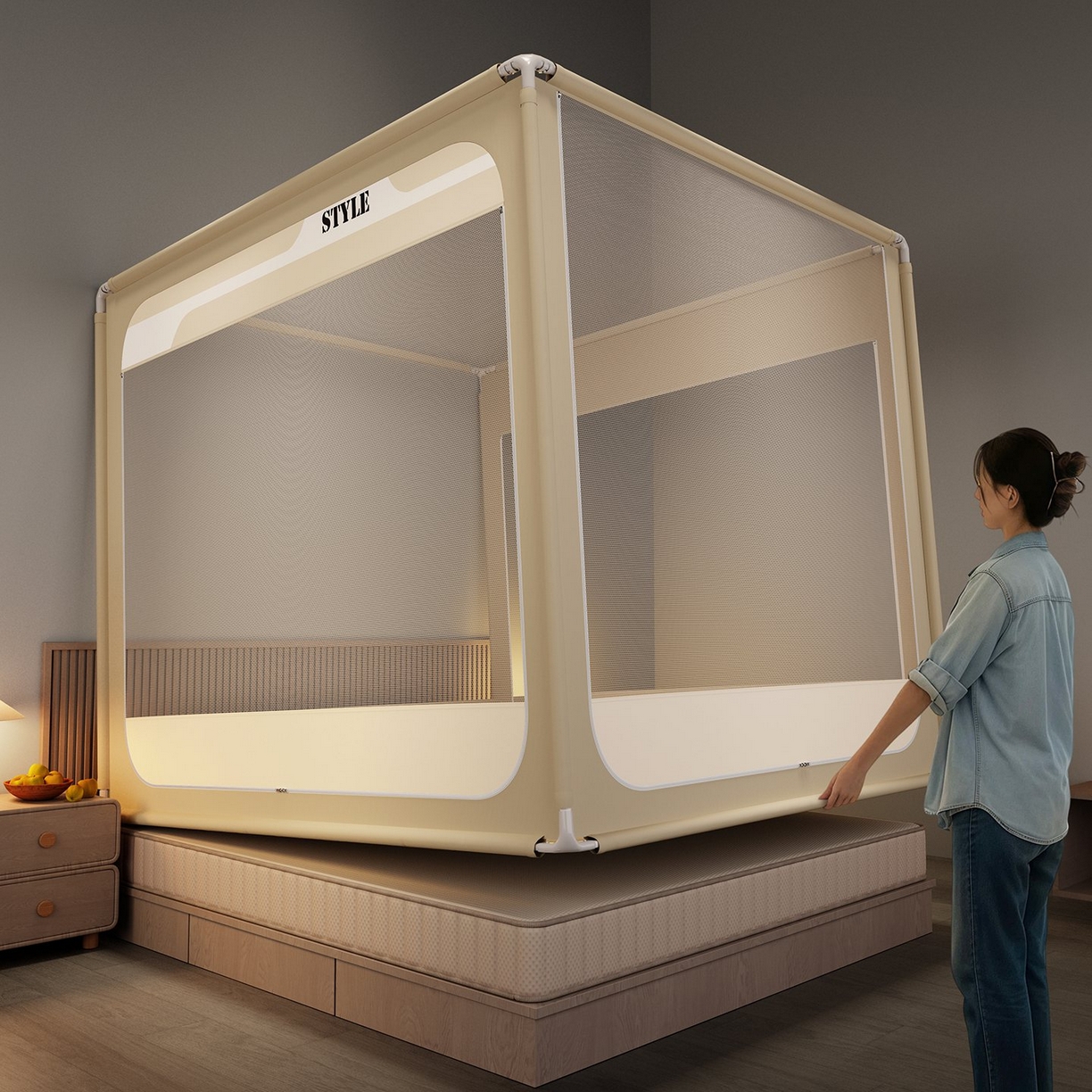 91家纺网 家纺一手货源 找家纺 星际优品 2026新款坐床蚊帐可拆卸全棉底加厚双股双丝防猫抓帐纱-风格款 米色