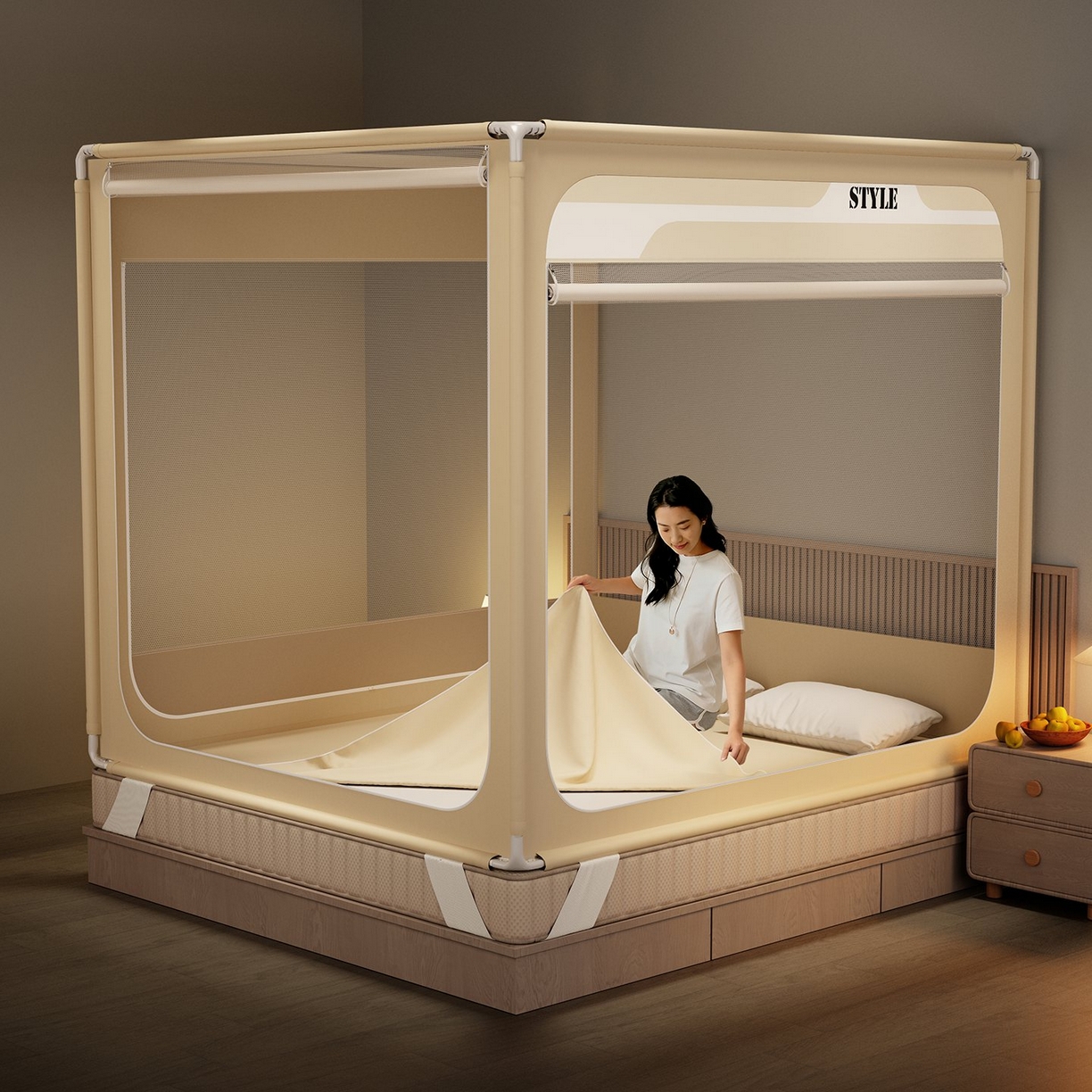 91家纺网 家纺一手货源 找家纺 星际优品 2026新款坐床蚊帐可拆卸全棉底加厚双股双丝防猫抓帐纱-风格款 米色