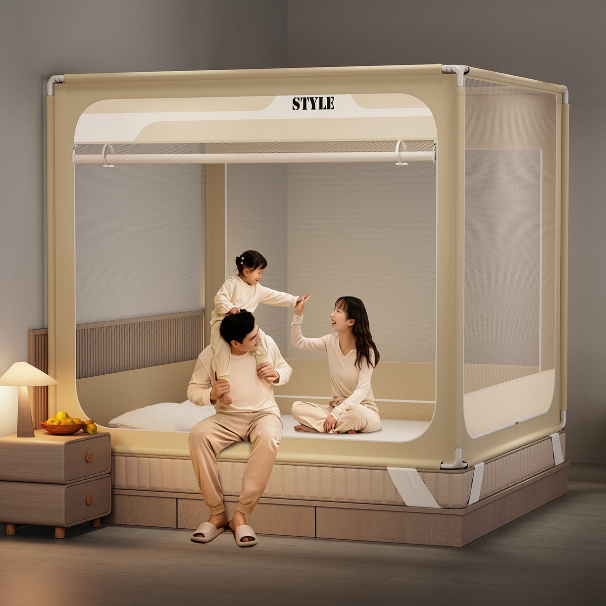 91家纺网 家纺一手货源 找家纺 星际优品 2026新款坐床蚊帐可拆卸全棉底加厚双股双丝防猫抓帐纱-风格款 米色