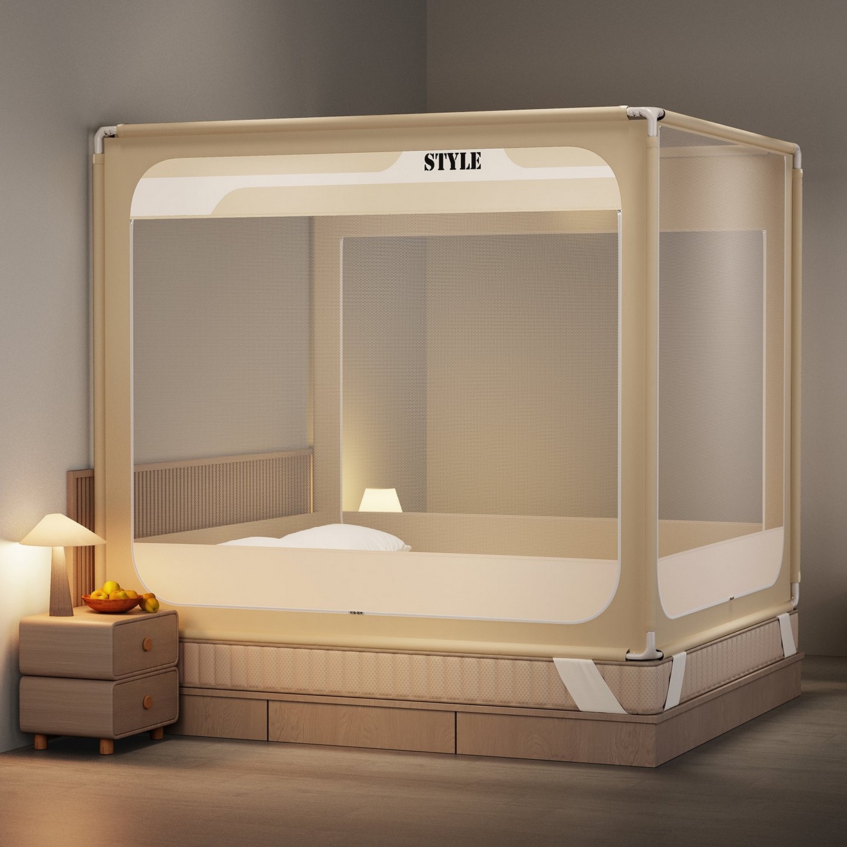 星际优品 2026新款坐床蚊帐可拆卸全棉底加厚双股双丝防猫抓帐纱-风格款 米色