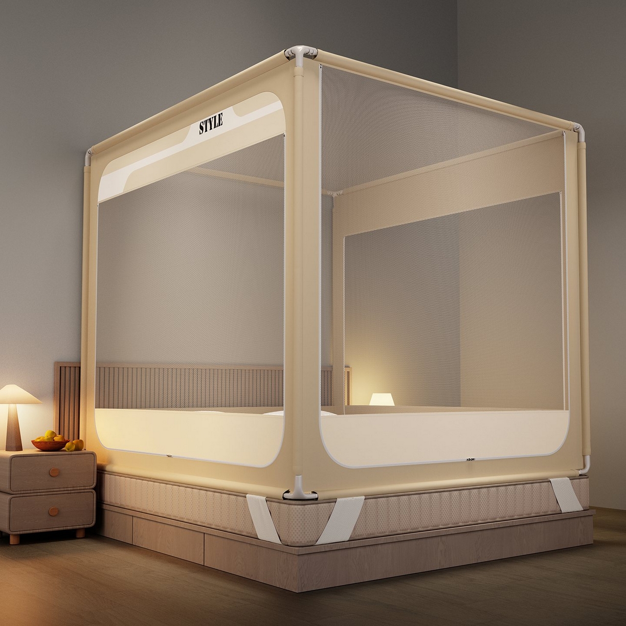 91家纺网 家纺一手货源 找家纺 星际优品 2026新款坐床蚊帐可拆卸全棉底加厚双股双丝防猫抓帐纱-风格款 米色