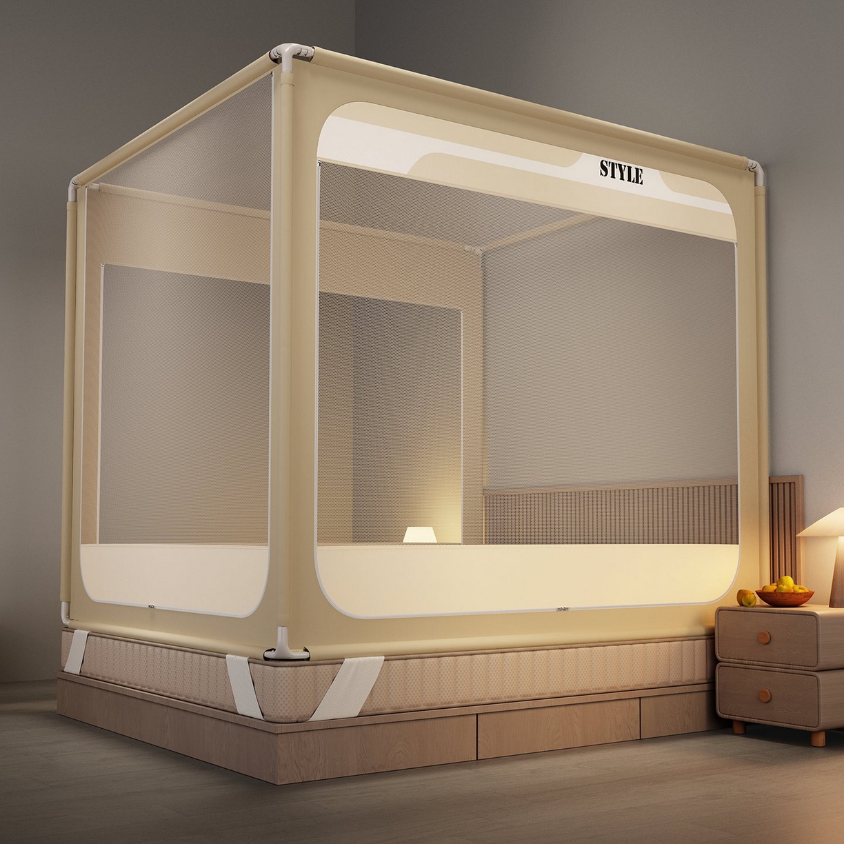 91家纺网 家纺一手货源 找家纺 星际优品 2026新款坐床蚊帐可拆卸全棉底加厚双股双丝防猫抓帐纱-风格款 米色