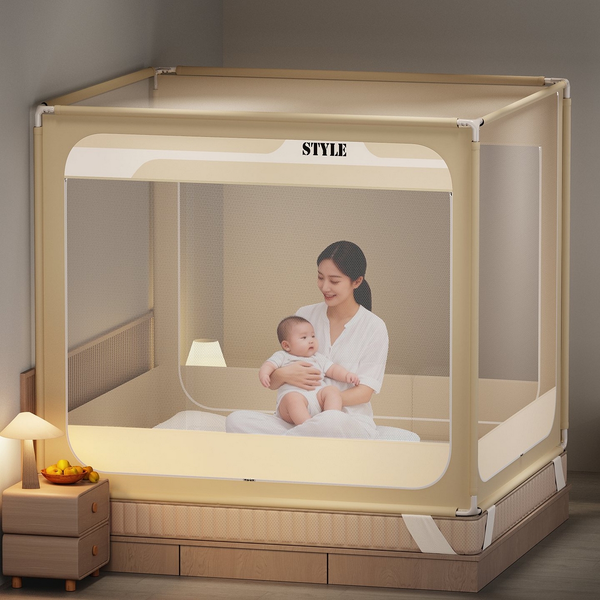 91家纺网 家纺一手货源 找家纺 星际优品 2026新款坐床蚊帐可拆卸全棉底加厚双股双丝防猫抓帐纱-风格款 米色