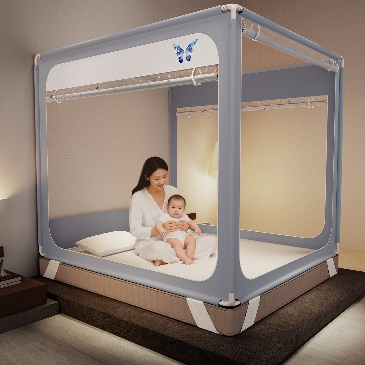 91家纺网 家纺一手货源 找家纺 （总）星际优品 2026新款坐床蚊帐可拆卸全棉底加厚双股双丝防猫抓帐纱-吊钻款